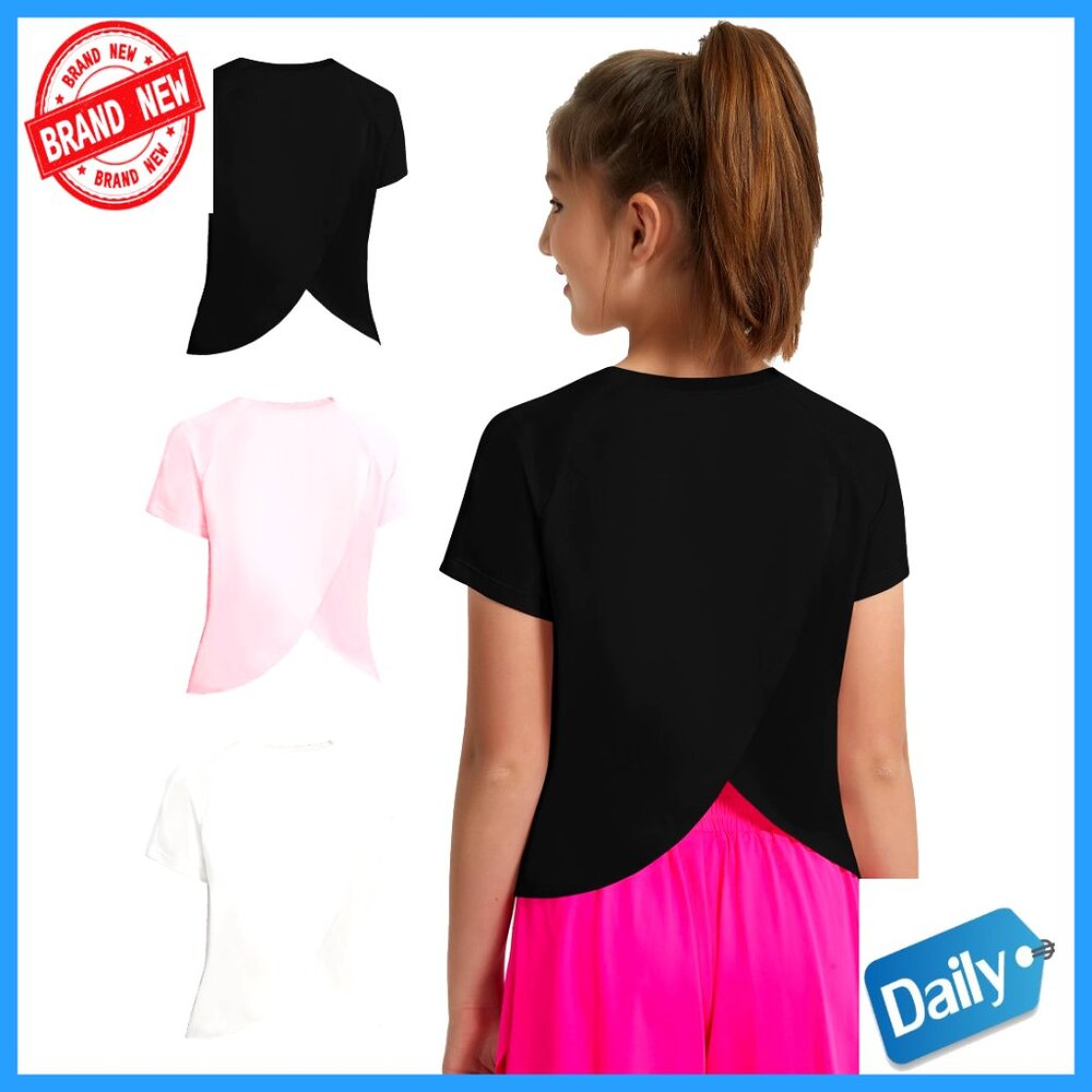 Girls Quick Dry Split Back Crop Top Athletic Shirt Size 6-14Y - Picture 1 of 6